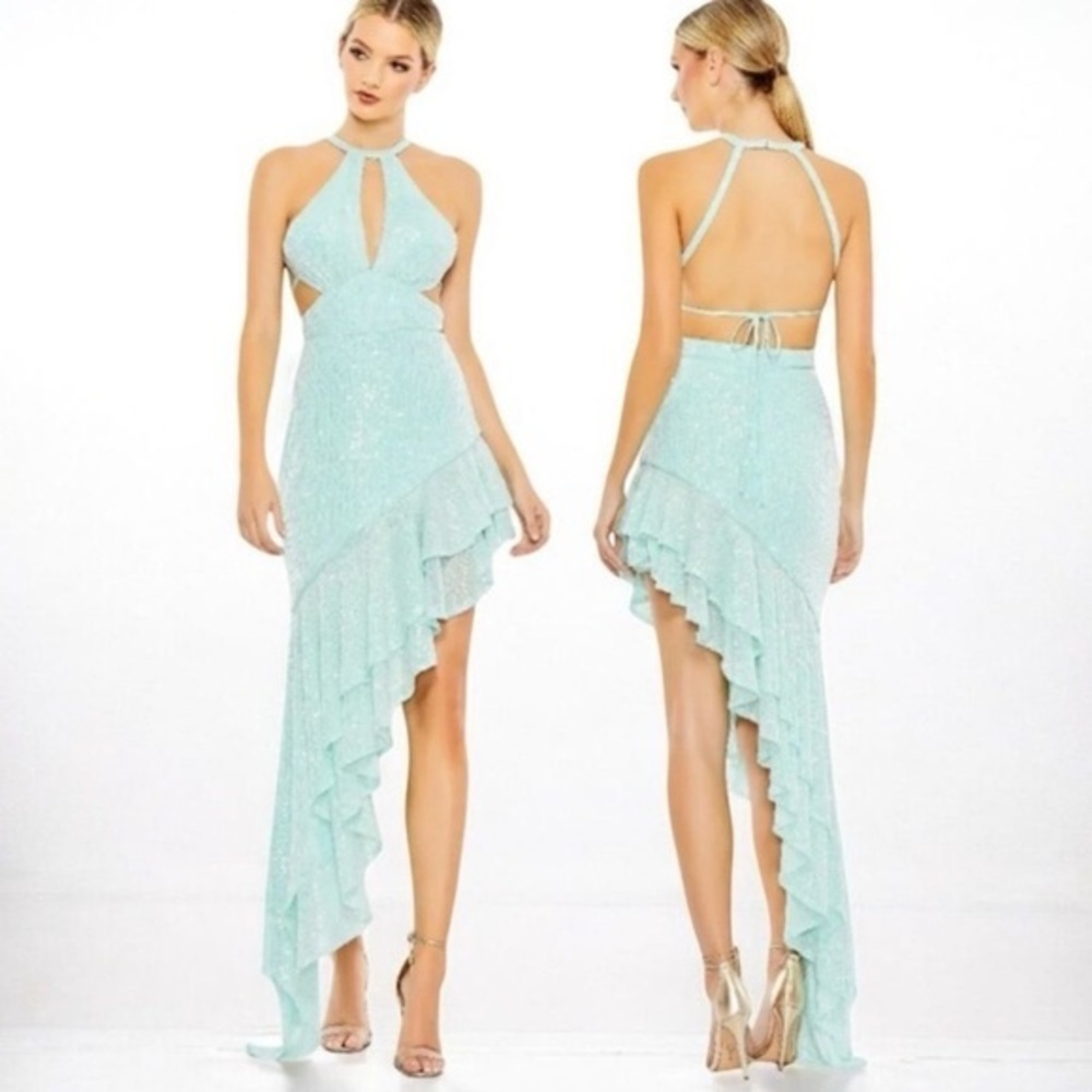 New $498 Mac Duggal Ieena High Low Layered Ruffles Cut Out Sequin Dress